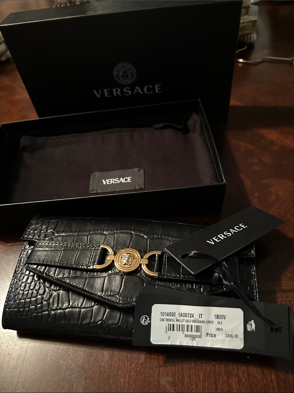 Versace Black Croc-Embossed Leather Clutch with Gold Medusa Hardware - Picture 4 of 7